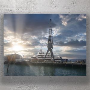 Wellington Harbour Sunrise with Superyacht and Crane Industrial Waterfront Scene Photo Download