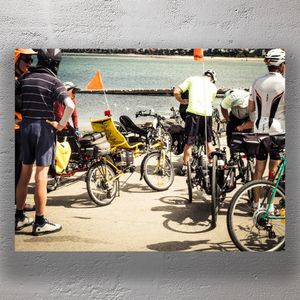 Recumbent Bike Group Ride by the Beach Cyclists Gather for an Adventure Photo Download