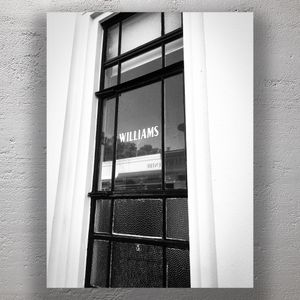 Vintage Window with WILLIAMS Sign Black and White Architectural Photo Download