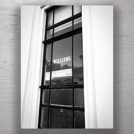 Vintage Window with WILLIAMS Sign Black and White Architectural Photo Download