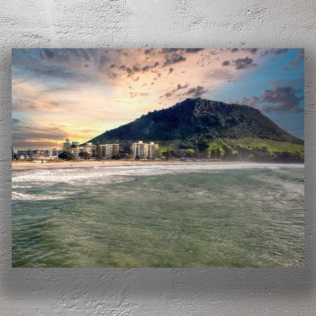 Mount Maunganui Beachfront and Mauao at Sunset Tauranga New Zealand Photo Download