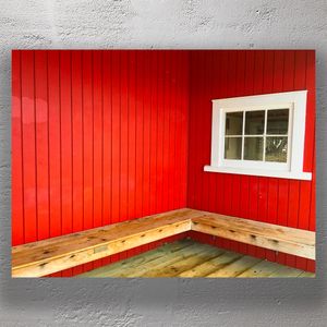 Rustic Wooden Bench Against Red Timber Wall with White Framed Window Photo Download