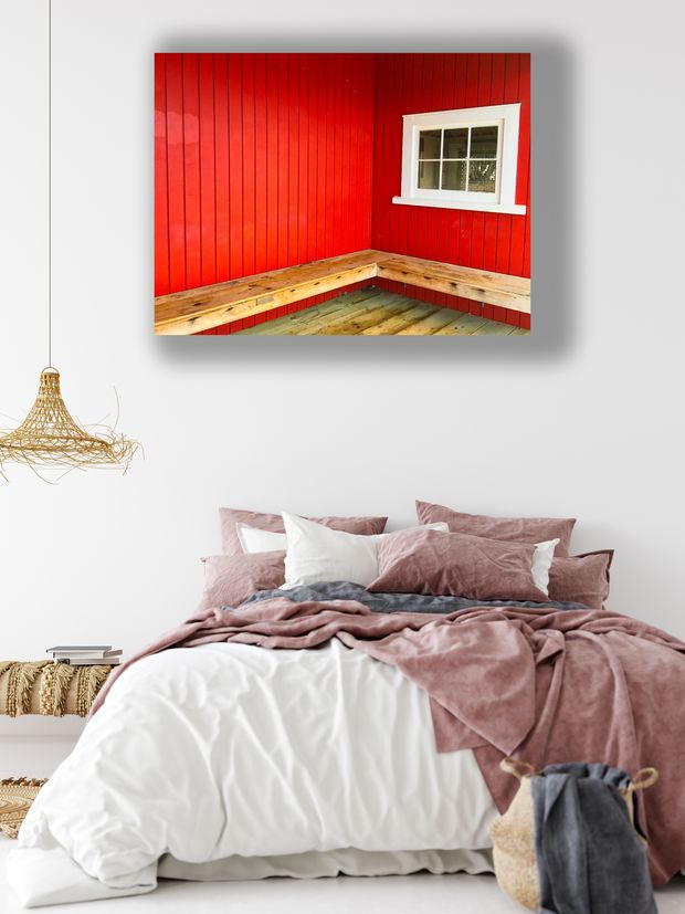 Rustic Wooden Bench Against Red Timber Wall with White Framed Window Photo Download