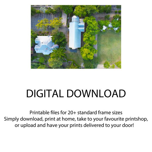 Aerial View of Historic Church with Metal Roof Surrounded by Lush Greenery Photo Download