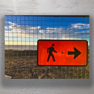 Bright Orange Pedestrian Sign Against Coastal Sunset Directional Walkway Photo Download