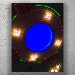 Colorful Art Deco Theatre Ceiling with Blue Dome and Ambient Lighting Photo Download