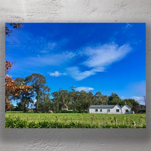 White Farmhouse Under Vibrant Blue Sky in Peaceful Countryside Landscape Photo Download
