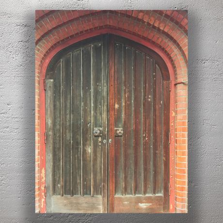 Rustic Wooden Church Door with Red Brick Arch Vintage Architecture Photo Download