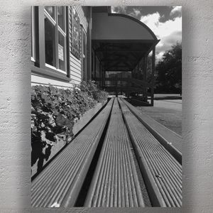 Black and White School Architecture with Wooden Bench Perspective Photo Download