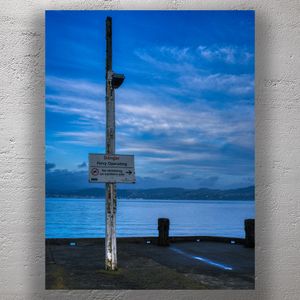 Rustic Ferry Warning Sign by the Waterfront Moody Blue Hour Photography Photo Download
