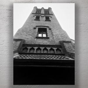 Gothic Brick Church Tower in Black and White Architectural Perspective Photo Download