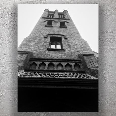 Gothic Brick Church Tower in Black and White Architectural Perspective Photo Download
