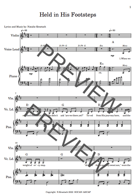 Held in His Footsteps - Full Score (vocals, chords, piano accompaniment, violin feature)