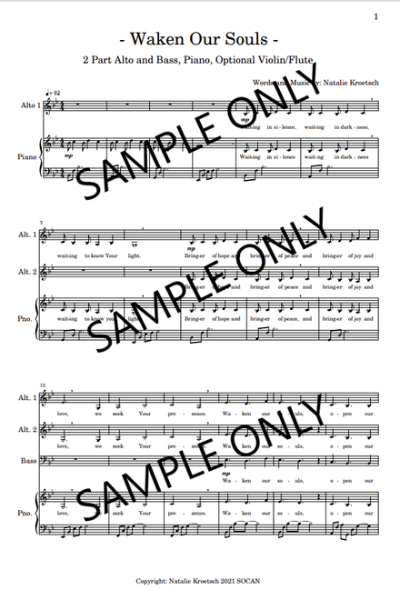 Waken Our Souls - Conductor&#x27;s Score (2-Part Alto, Bass, Piano Accompaniment, Optional Violin)