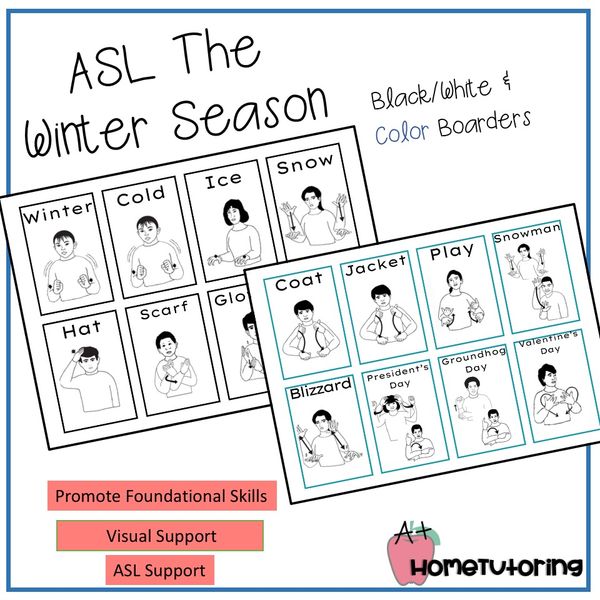 ASL Winter Season Flashcards B/W & Color Boarders