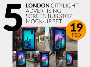 5 London Citylight Advertising Screen Bus Stop Mock-Up Bundle 1
