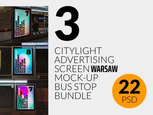 3 Warsaw Citylight Advertising Screen Mock-Ups Bus Stop Bundle 1