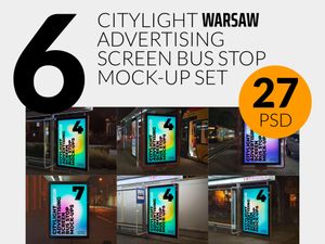 6 Warsaw Bus Stop Citylight Advertising Screen Mock-Up Bundle 1