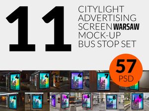 11 Warsaw Bus Stop Citylight Advertising Screen Mock-Up Bundle 2