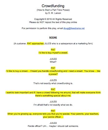 Pat&#x27;s lines highlighted for the script Crowdfunding