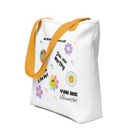 Self-Love Inspirational Tote Bag - Vibrant Floral Design &amp; Uplifting Messages