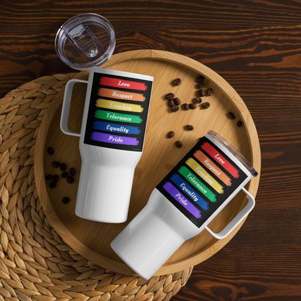 Pride Travel Mug - Rainbow Love, Equality, and Freedom Design