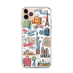 Travel-Inspired Hand-Drawn Doodle iPhone Clear Case – Iconic Landmarks &amp; Adventure Sketch Art