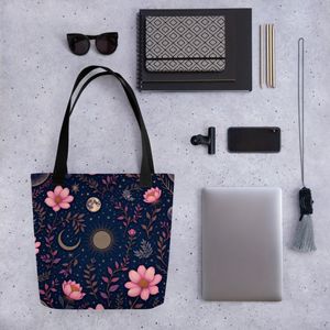 All Over Print Tote Bag - Night Sky Inspired Design featuring Floral, Moon and Stars pattern