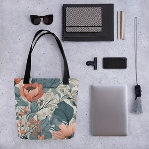 All Over Print Tote Bag – Floral Pattern with Elegant Teal, Coral and Chic Design for Everyday Use