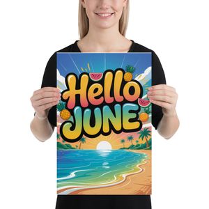 Hello June Tropical Beach Matte Paper Poster - Summer Vibes Art
