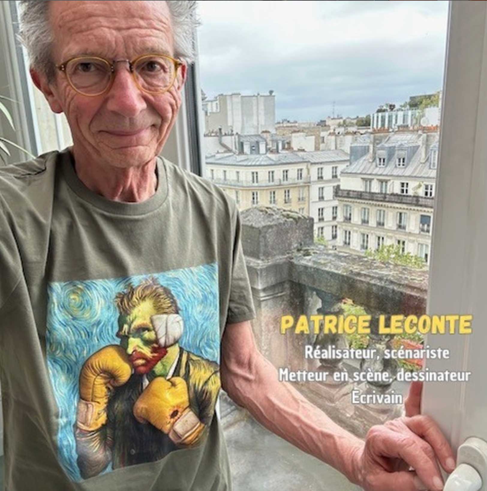 Patrice Leconte portant le t-shirt Van Gong L'oreille arrachée