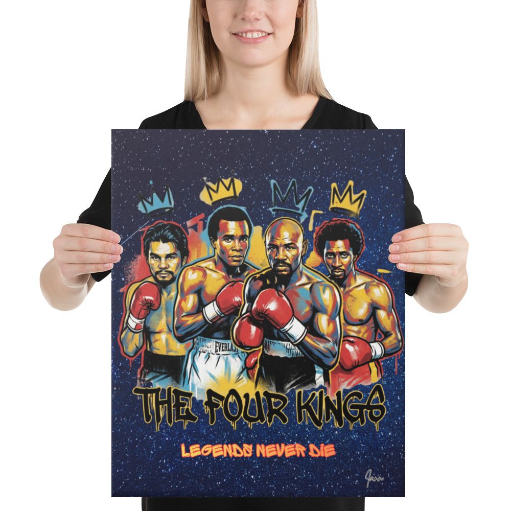 Toile façon musée The Four Kings (40×50cm) | Hagler Hearns Durán Leonard | Légendes années 80 | Poly-coton premium 470g/m² | Tendu sur châssis bois | Enduit mat | Design vintage boxe | Boxing Art Shop | Déco galerie d'art | Icônes du Noble Art