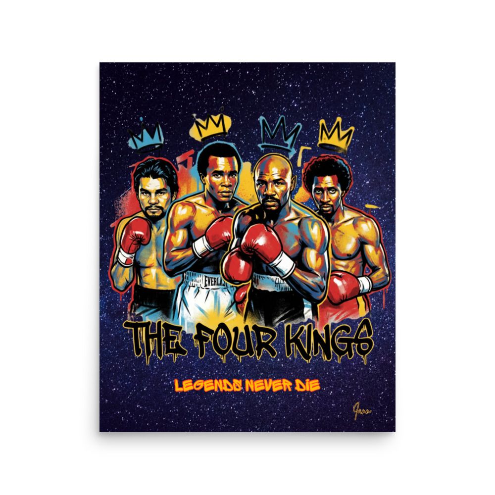 Affiche The Four Kings Grand Format 40 cm x 50 cm | Hagler Hearns Durán Leonard légendes boxe années 80 | Papier mat épais japonais 189 g/m² | Design exclusif Boxing Art Shop | Décoration murale vintage rétro