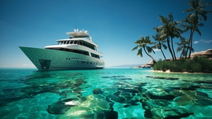 luxury yacht on the azure coast with palm trees