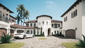 Luxury villa with a car. Expensive car in the courtyard