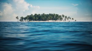  Panorama of the tropical island with blue water. Tropical island in the open ocean