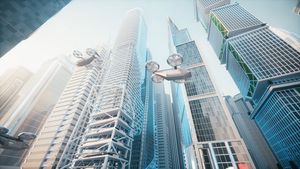 Futuristic Flying Taxi in City Aerial Animation