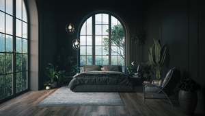 Dark bedroom with a large window