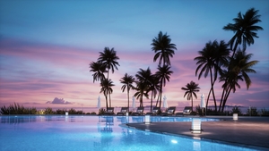 Beautiful swimming pool in the hotel at sunset