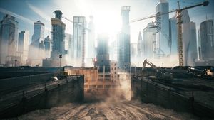 Large construction site against the backdrop of modern skyscrapers