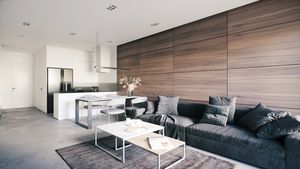 Modern Minimalist Living Room with Wooden Wall and Open Kitchen