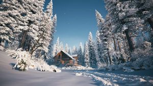 Snow Covered Wooden Cabin in Winter Pine Forest – Realistic Alpine Animation