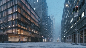 Snow in an empty city. Heavy snowfall in the city