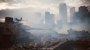 Tank on the background of the city destroyed by the war