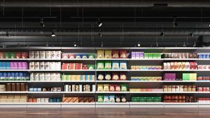 Supermarket shelves with products