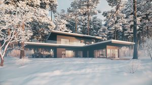 Cozy house in a winter forest covered with snow. Sunrise in a winter forest with pines