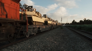 Freight train transporting military equipmen. Supply of military weapons