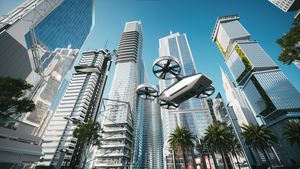 Drone taxi flying in the city