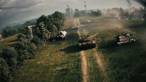 POV drone attacks a military tank on the battlefield