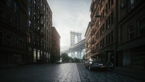 Manhattan bridge from Washington street in Brooklyn, New York